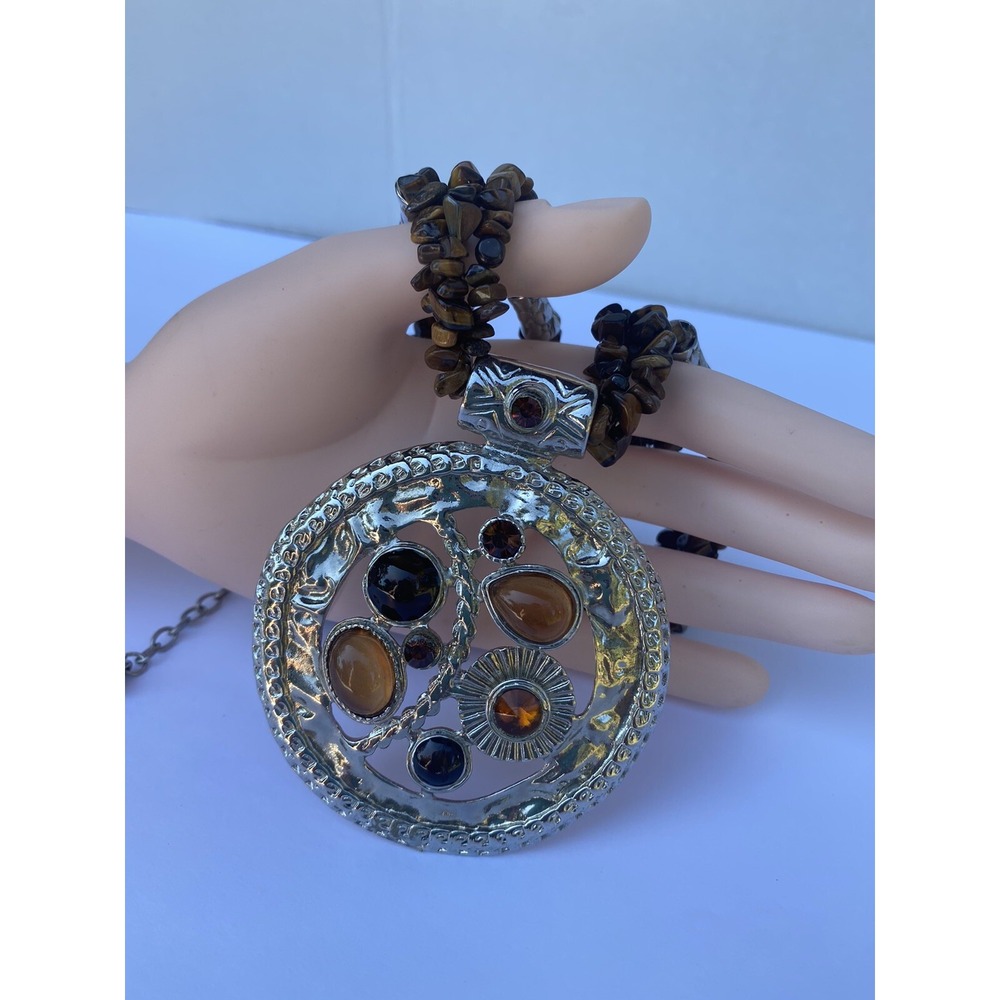 Necklace big pendant brown tone silver tone 17" inches bohemian chic 3"‎ pendant - Picture 4 of 12